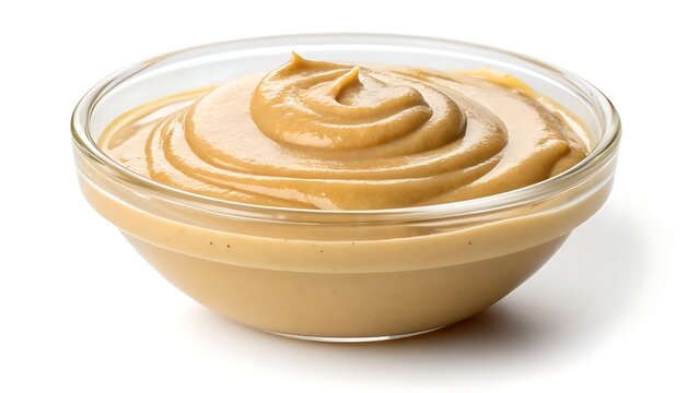 Creamy tahini sesame paste served in a clear glass bowl, isolated on white for clean food photography.