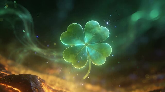 Enchanting Four-Leaf Clover Shines Brightly Amidst Mystical Green Haze and Fiery Glow.