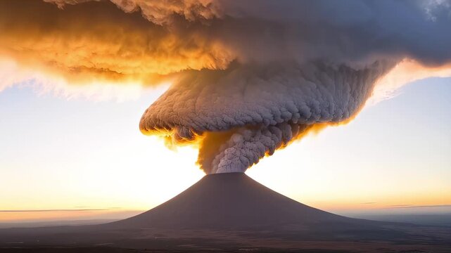 This dramatic video captures a volcanic eruption at sunset, showcasing the powerful plume of smoke rising into the sky. The colors of the sunset contrast beautifully with the ash cloud, creating a mes