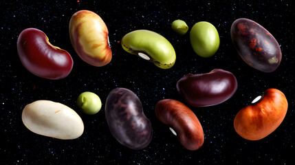 Colorful bean varieties exploding like fireworks against starry backdrop, bursting into glowing life-energy particles.