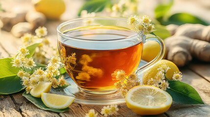 A transparent glass cup linden herbal tea infused with delicate white blossoms and a green leaf, set in soft natural garden scene with sunlight.