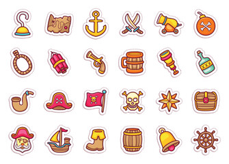 Collection of colorful cartoon pirate themed icons and accessories.