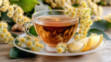 A transparent glass cup linden herbal tea infused with delicate white blossoms and a green leaf, set in soft natural garden scene with sunlight.