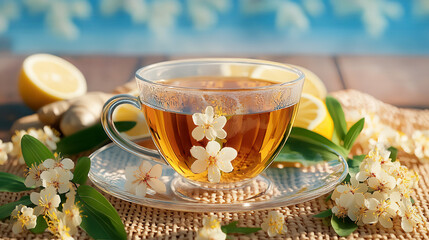 A transparent glass cup linden herbal tea infused with delicate white blossoms and a green leaf, set in soft natural garden scene with sunlight.