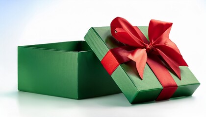 Open Green Gift Box With Red Ribbon And Bow