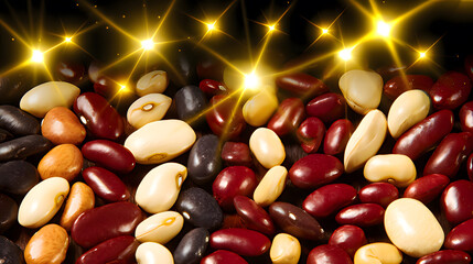 Colorful bean varieties exploding like fireworks against starry backdrop, bursting into glowing life-energy particles.