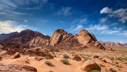 A Serene And Rugged Landscape Of Weathered Rocks And Sandy Terrain Under A Bright Blue Sky With Scattered Clouds