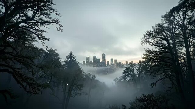 This atmospheric video showcases a misty forest with a city skyline emerging through the fog. The contrast between nature and urban life creates a captivating visual experience, evoking a sense of mys