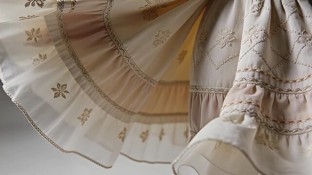 Close-up of a delicate, flowing fabric with intricate patterns and ruffles, showcasing elegant textile design and craftsmanship.
