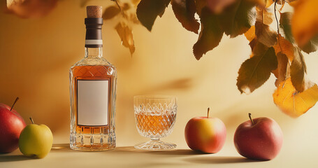 Calvados Brandy and red apples, glass amber colored apple liqueur served in cut-crystal glass beside decorative bottle fresh apples on rustic wooden table