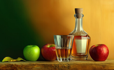 Calvados Brandy and red apples, Still life calvados alcoholic drink and apples. on light background bottle with cork, glass for strong drink surrounded by ripe red and green apples.
