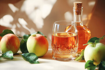 Calvados Brandy and red apples, glass amber colored apple liqueur served in cut-crystal glass beside decorative bottle fresh apples on rustic wooden table