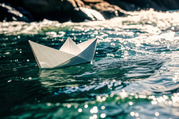 A delicate paper boat sails on clear water, reflecting sunlight, while waves gently lap against rocky edges, creating a serene atmosphere. Generative AI.