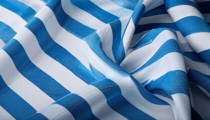 Close Up Of White And Blue Striped Cotton Fabric Texture Of Natural Eco Friendly Zigzag Textile Material For A Blanket Beach Towel Or Tablecloth Abstract Background