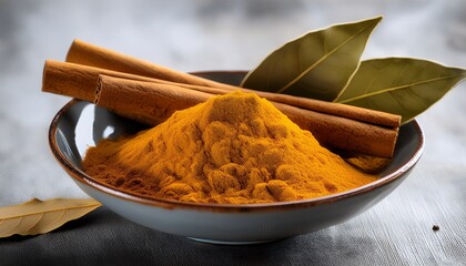Aromatic Turmeric Spice With Cinnamon Sticks And Bay Leaves In A Bowl