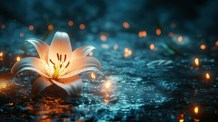 Concept mourning. White lily flowers on dark background. We remember, we mourn. Single white lily lit by surrounding candlelight on wet reflective surface,