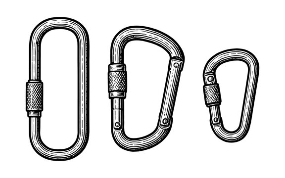 Detailed sketch of three carabiner types for climbing and outdoors