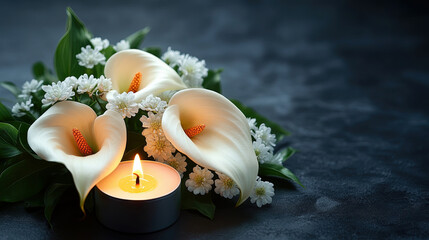 White flowers Calla with candle on black background. Copy space. The concept of estimates, mourning. white lilies calla flower with water droplets beside lit candle.
