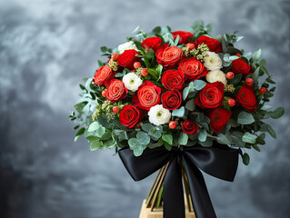 Funeral wreath carnation flowers black ribbon on wooden stand against grey background. Circular floral wreath composed white peach lush greenery