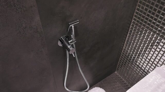 Chrome hygienic shower mounted on dark wall next to mosaic-tiled section; flexible hose, sleek design; partially visible white toilet and fluffy towel nearby