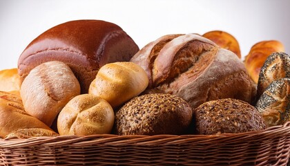 fresh baked bread loafs and rolls in a basket closeup