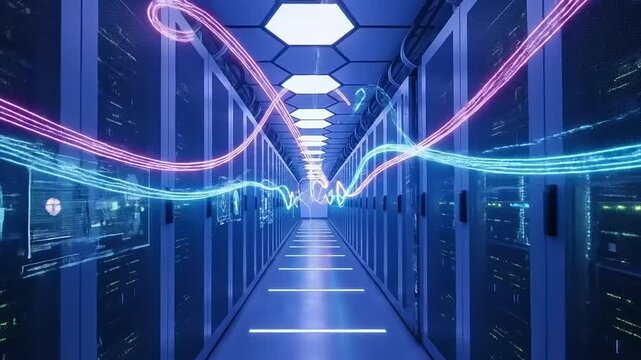Futuristic Data Center with Glowing Data Streams and Server Racks.