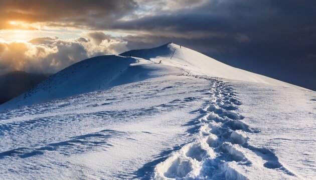 footprints lead up a snow covered mountain peak under dramatic skies - Powered by Adobe