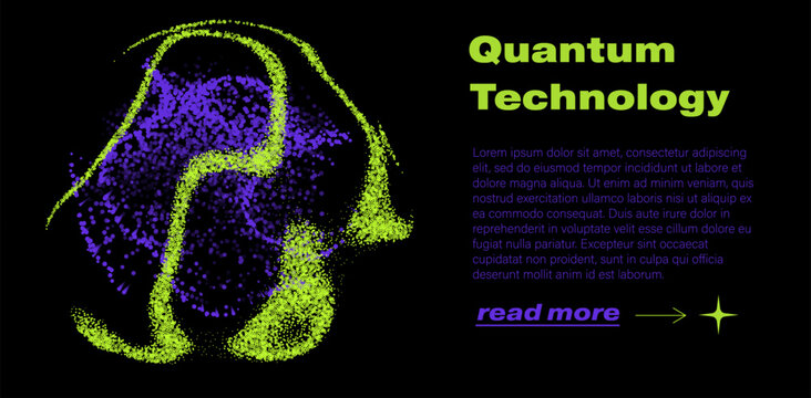 Fluid wave-like form made of dense glowing particle dots in vibrant lime green outlines filled with purple on a black background. Conceptual vector illustration for quantum technology, particle waves.