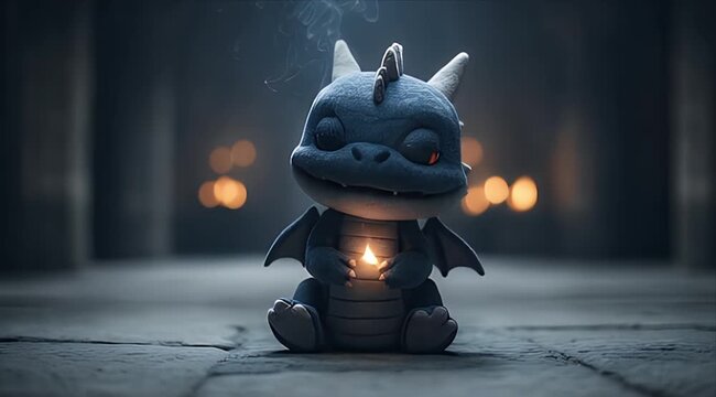 Luminous Glow: Tiny Blue Dragon with Smoking Nostrils in Dark Hall