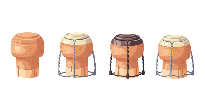 Set of four champagne corks with wire cages, isolated on white background