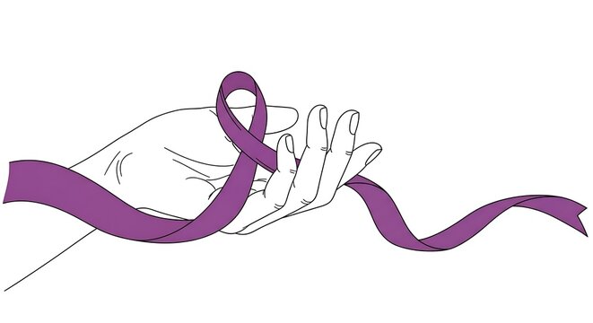 Hand Holding Purple Awareness Ribbon with Symbol of Support, and White Background.