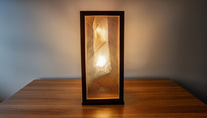 elegant tall rectangular table lamp with textured glass panels and wood frame