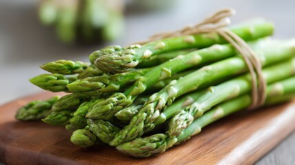 Fresh green asparagus spears tied together on a wooden cutting board, ready for cooking.