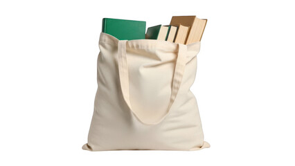 White canvas tote bag filled with books isolated on transparent background Keywords: tote bag