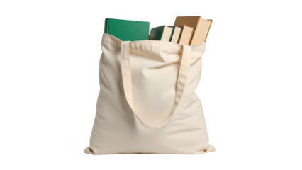 White canvas tote bag filled with books isolated on transparent background Keywords: tote bag