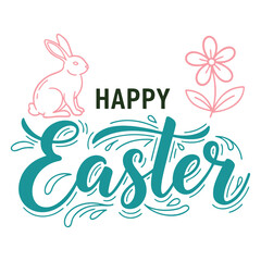 Obraz premium Happy Easter calligraphic text with bunny and flower illustration