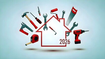 Home renovation and DIY tool kit concept for 2026 with various hardware tools around a house outline