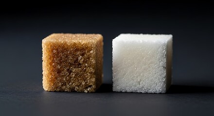 Raw versus Refined: A Close-Up of Brown and White Sugar Cubes on Dark Surface