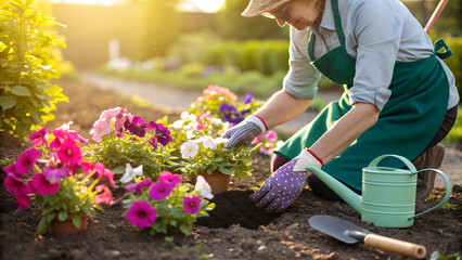 Naklejka premium Gardener Planting Seeds in Soil Surrounded by Colorful Summer Flowers at Golden Hour gardening, planting, seeds, hands, soil, flowers, colorful, summer, garden, sunlight, golden, hour, bloom, zinnia, 