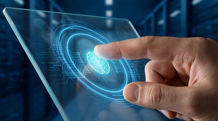 Human hand touching futuristic digital AI interface with glowing blue data.