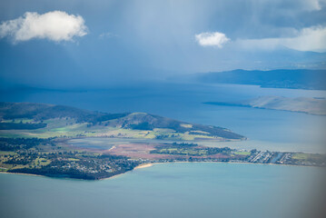 Aerial view of Tasmania after leaving the airport in Hobart, Australia