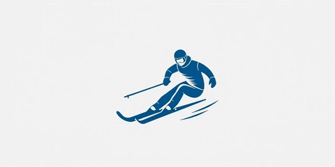 A stylized graphic emblem representing skiing, showcasing dynamic movement against a pristine white background, embodying winter sports,  activity,  emblem