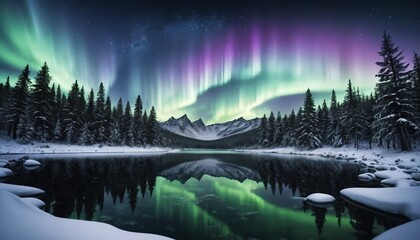 stunning aurora borealis over a calm, reflective lake in a snowy winter forest, a magical northern lights landscape
