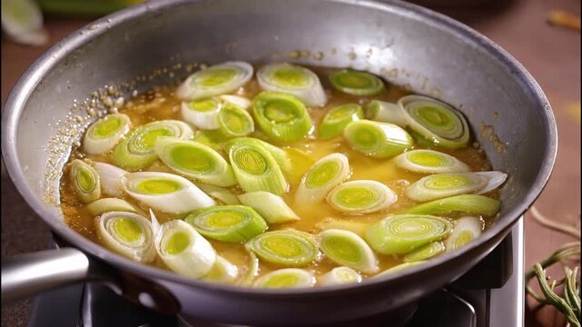 Sliced leeks simmering in a metal pan on a stove