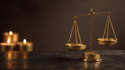 Golden Justice Scales and Lit Candles on Dark Background, Symbolism of Law.