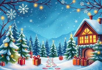 Whimsical winter wonderland illustration with festive elements like snowflakes, trees, gifts, and glowing lights, evoking holiday cheer,  festive,  illustration