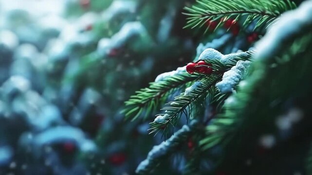 Snowflakes falling on pine branches with red berries.
