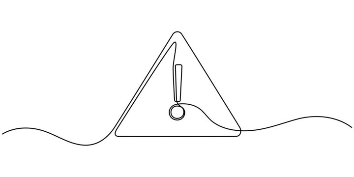Dangerous sign continuous one line drawing. Vector outline of warning icon with exclamation mark in a triangle, One line art danger sign. Graphic illustration.