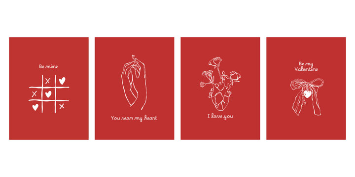 Creative concept of Happy Valentines Day cards set. Modern design in red. Hearts and flowers, hands, tic-tac-toe, and vintage accessories. Templates for holidays, advertising, branding, banners