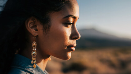 portrait de femme de profil avec boucles d'oreilles dor&eacute;es au soleil